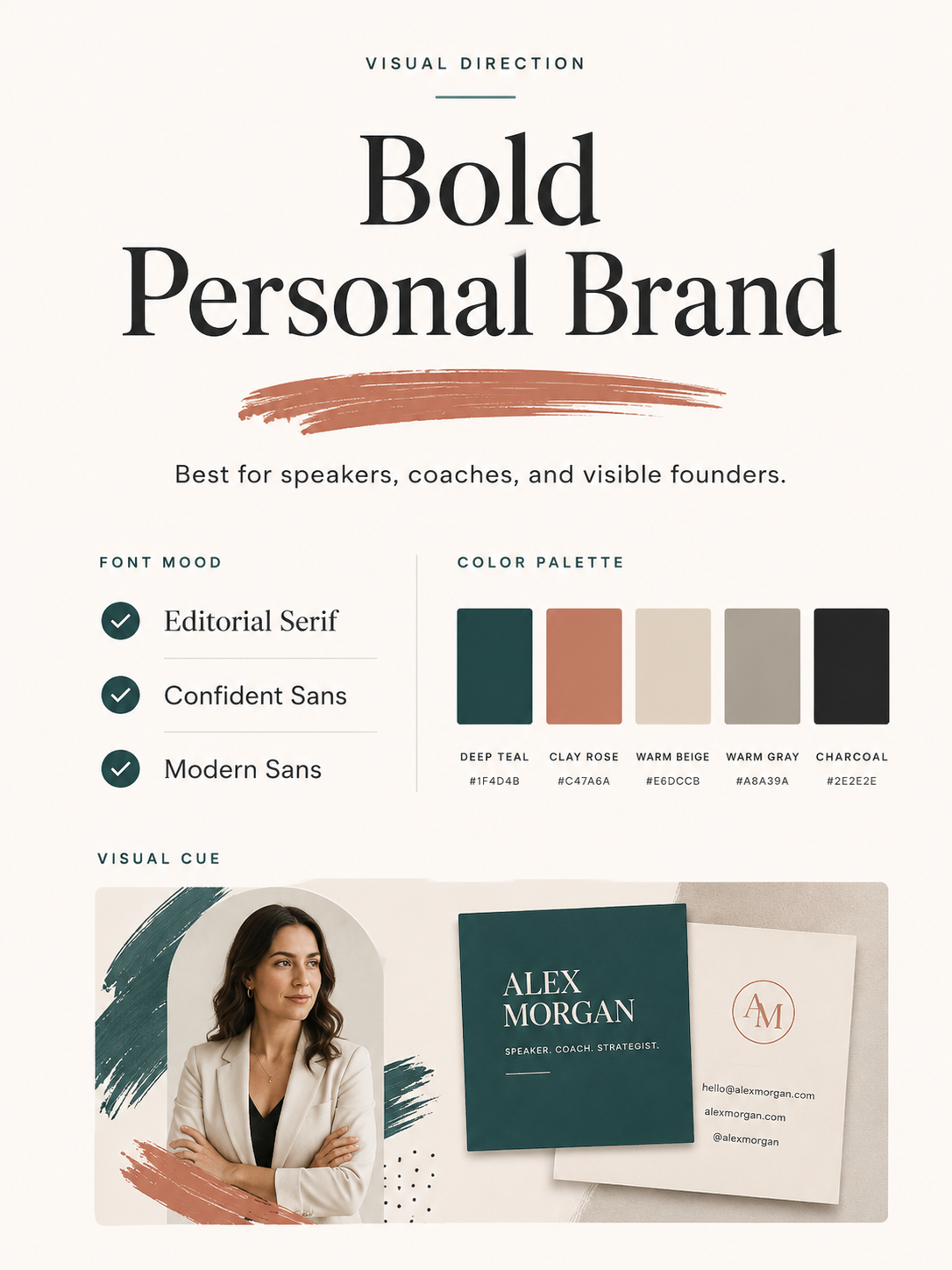 Bold personal brand direction card for speakers, coaches, and visible founders