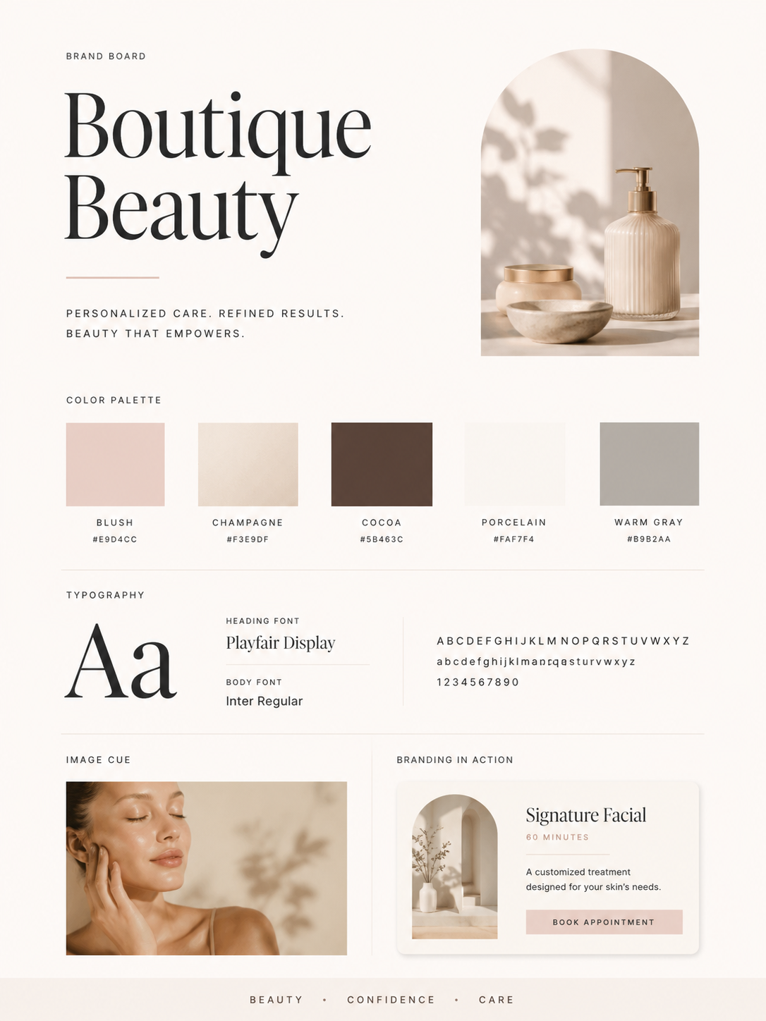Boutique beauty brand board with blush, champagne, cocoa, porcelain, and warm gray color palette