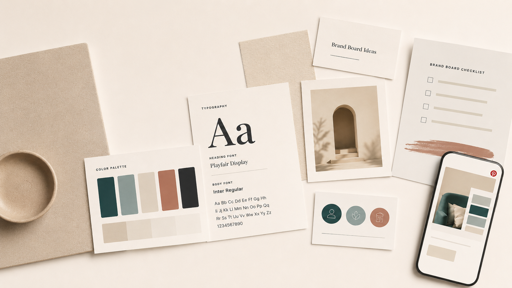 Editorial workspace with brand board cards, color palette, typography, checklist, and Pinterest layout mockup
