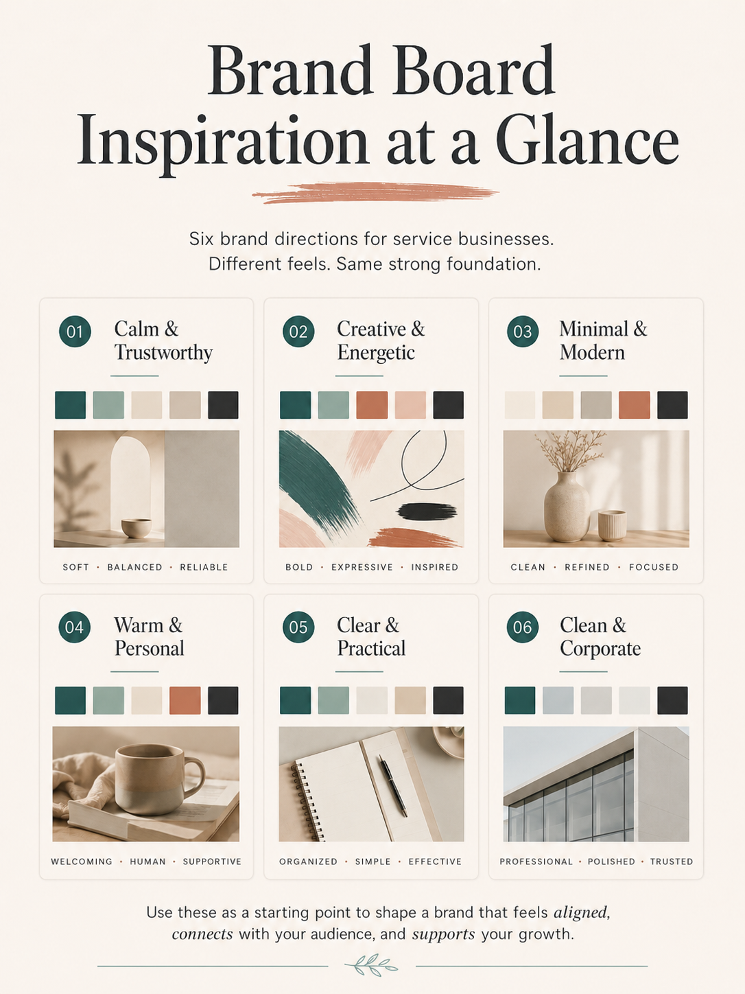 Brand board inspiration at a glance with six visual directions for service businesses