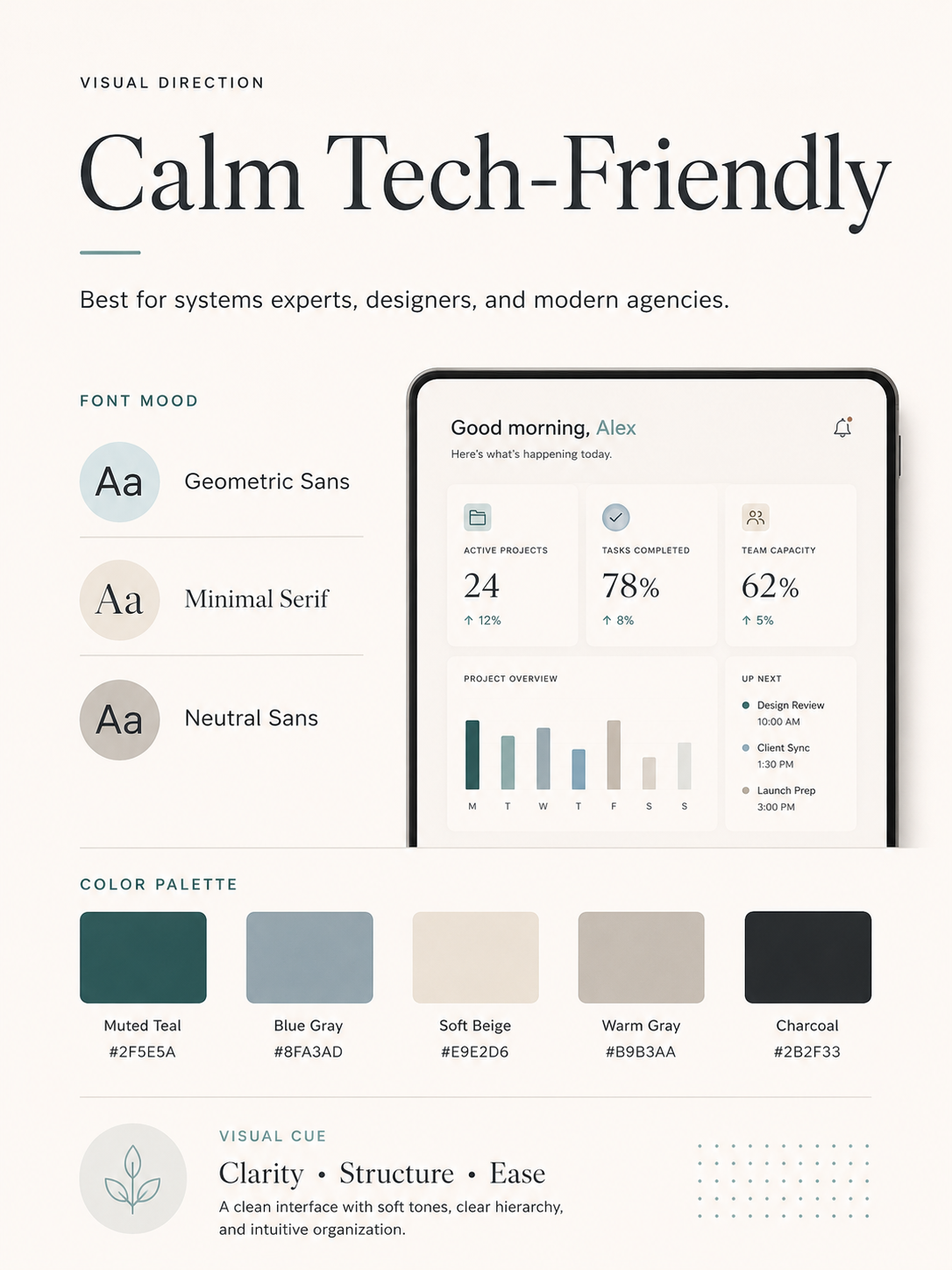 Calm tech-friendly brand board direction card for systems experts, designers, and modern agencies