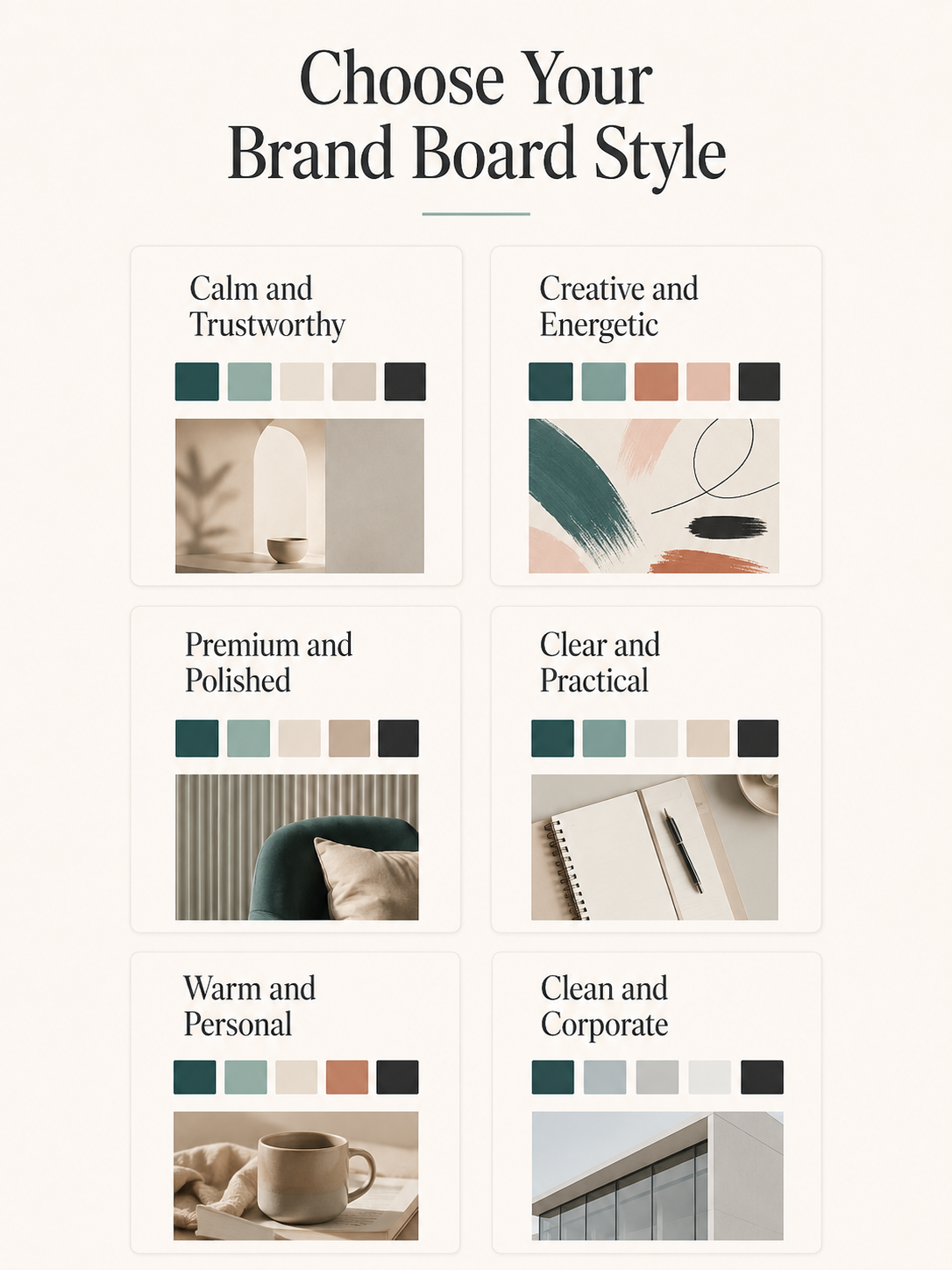 Brand board style decision guide with six visual directions for service businesses