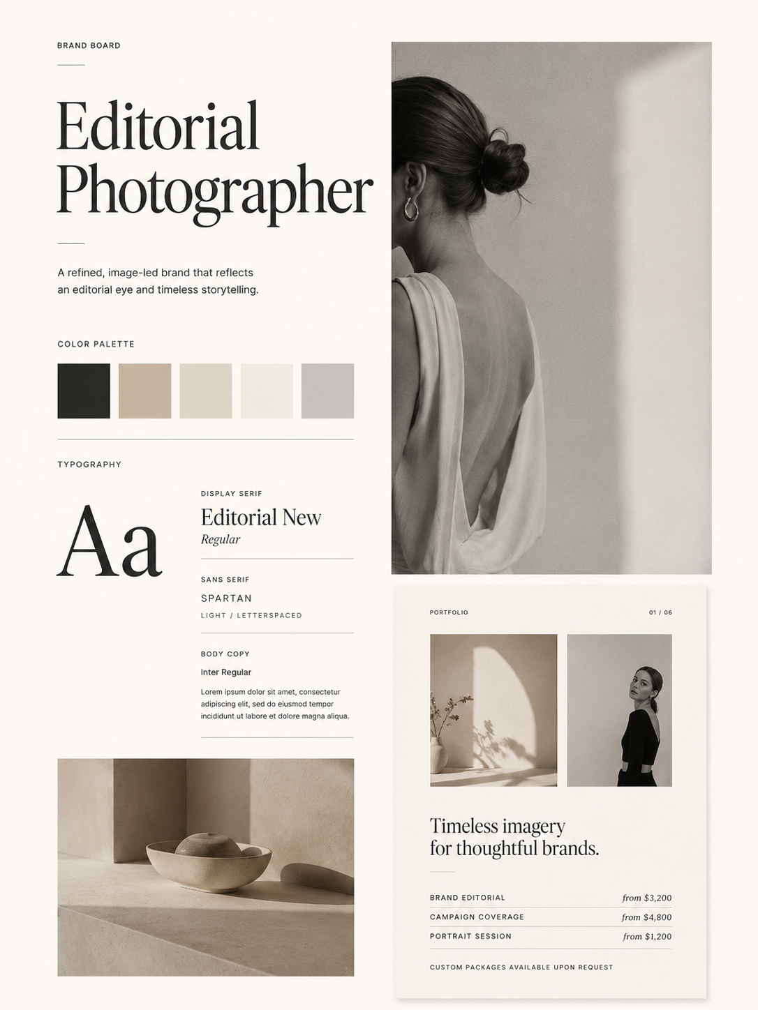 Editorial photographer brand board with neutral palette, editorial typography, and portfolio visual cues