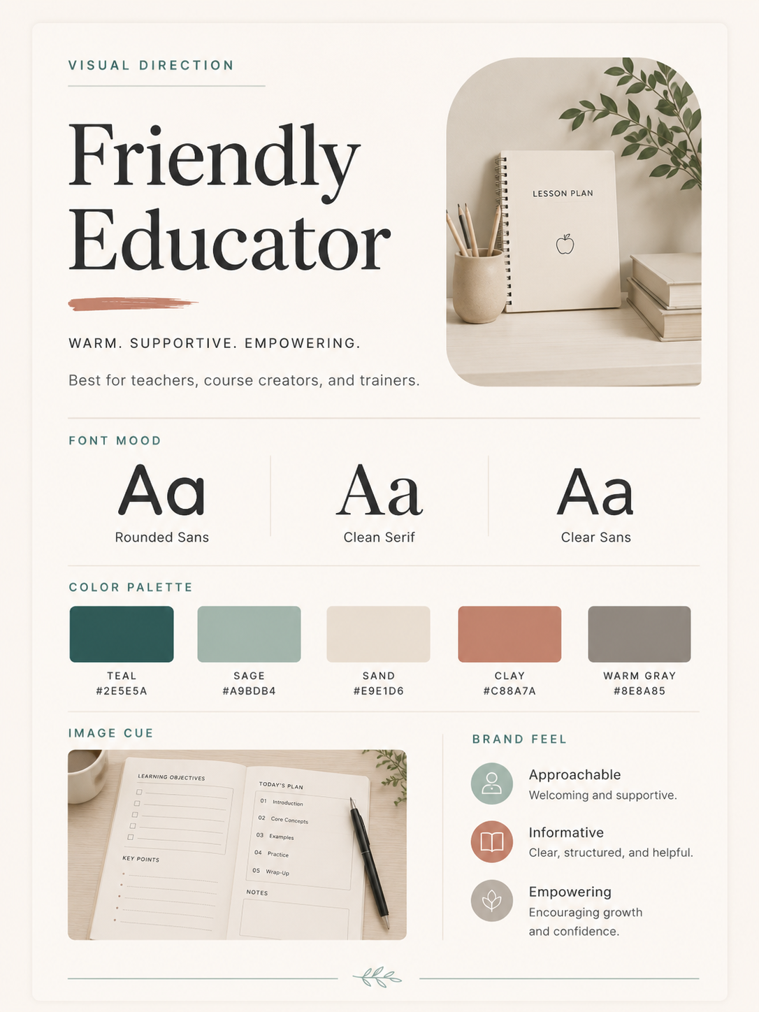 Friendly educator brand board direction card for teachers, course creators, and trainers