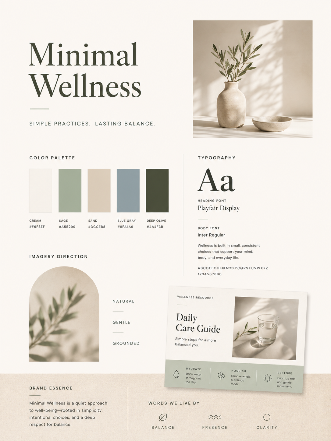 Minimal wellness brand board with cream, sage, sand, blue gray, and deep olive color palette