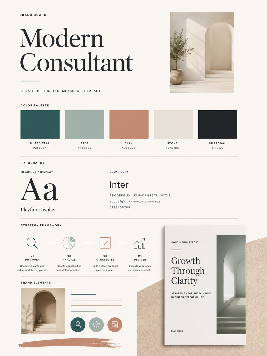 Modern consultant brand board with muted teal, sage, clay, stone, and charcoal color palette