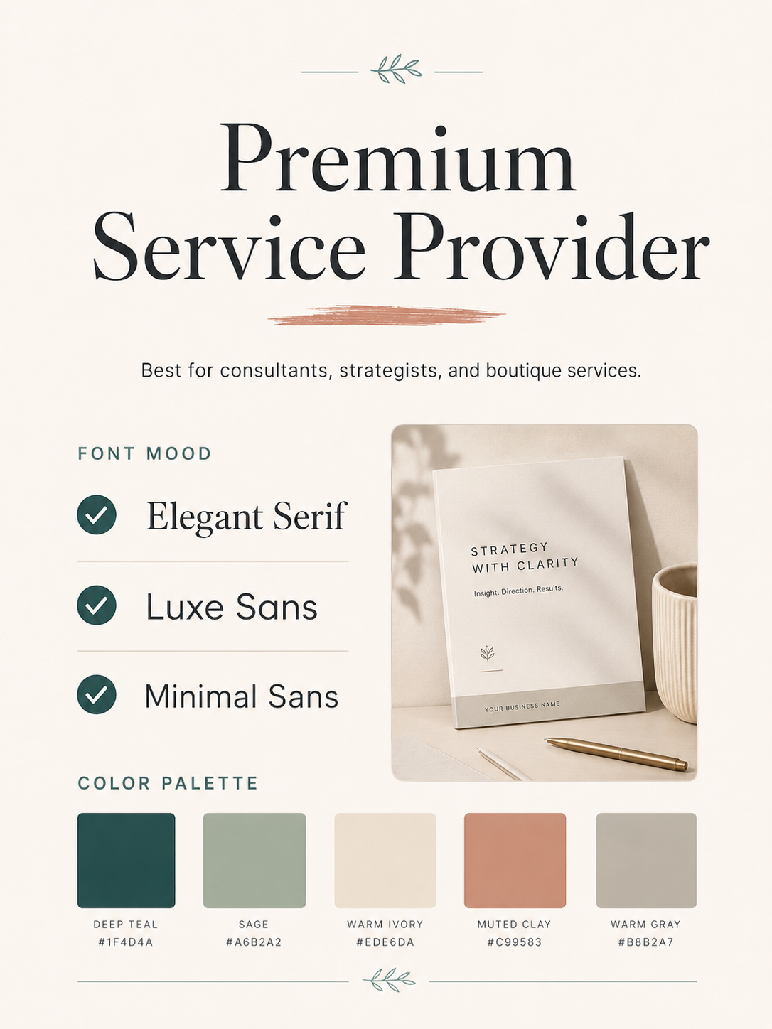 Premium service provider brand board direction card for consultants, strategists, and boutique services