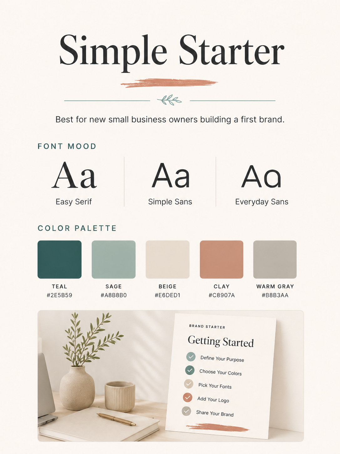 Simple starter brand board direction card for new small business owners building a first brand
