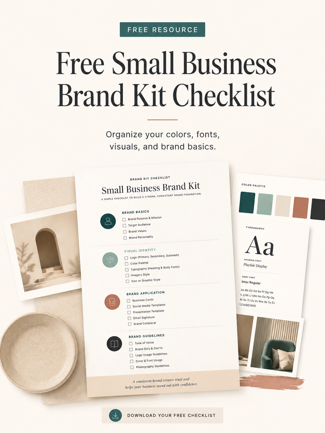 Free small business brand kit checklist mockup with color palette, typography, and visual branding elements