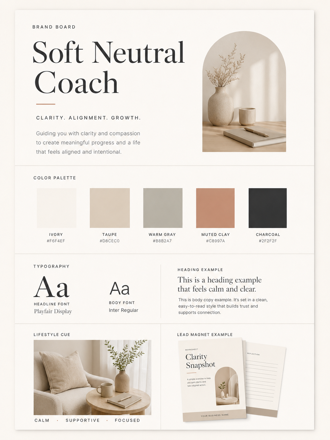 Soft neutral coach brand board with warm colors, serif typography, and lifestyle visual cues