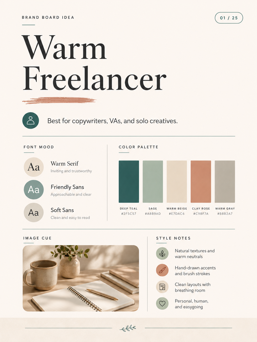 Warm freelancer brand board direction card for copywriters, VAs, and solo creatives