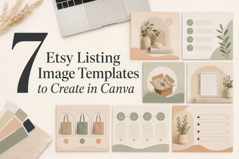 Seven coordinated Etsy listing image template ideas created in Canva