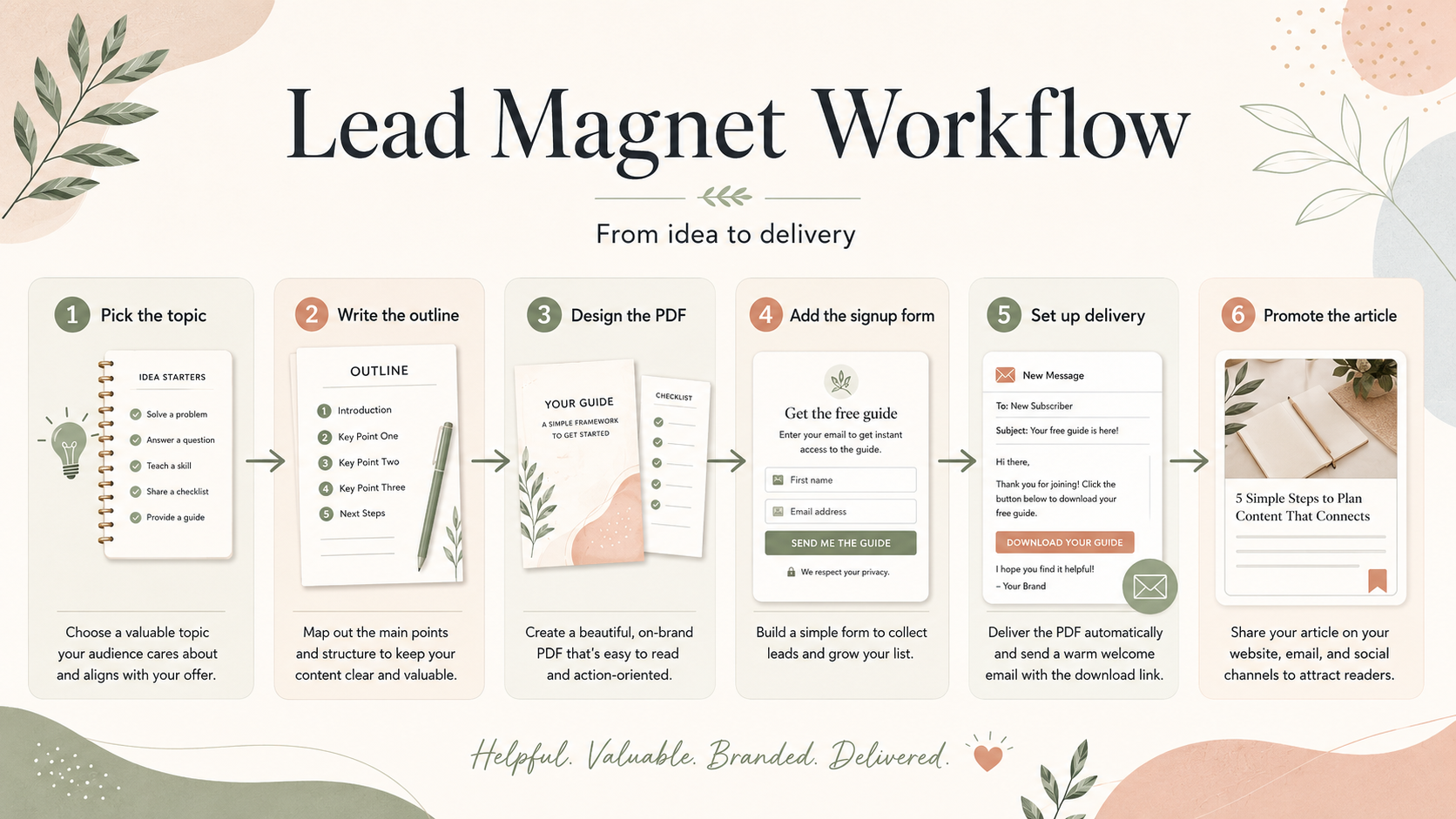 Visual workflow from lead magnet idea to email delivery and Pinterest promotion