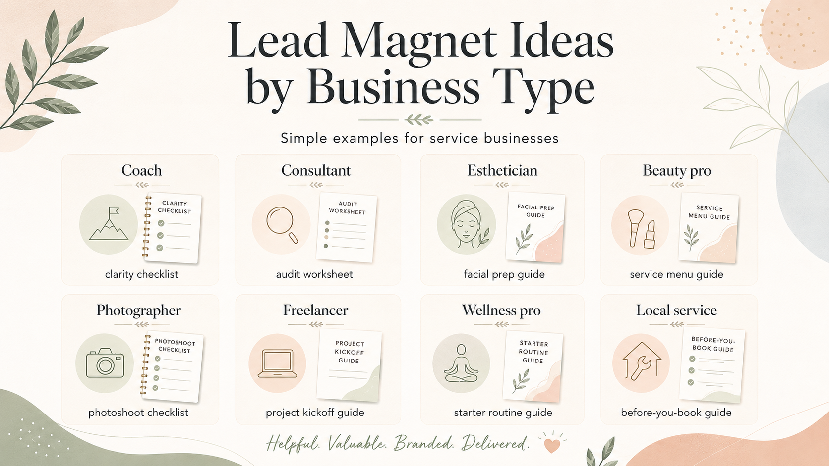 Grid of lead magnet ideas for service business types