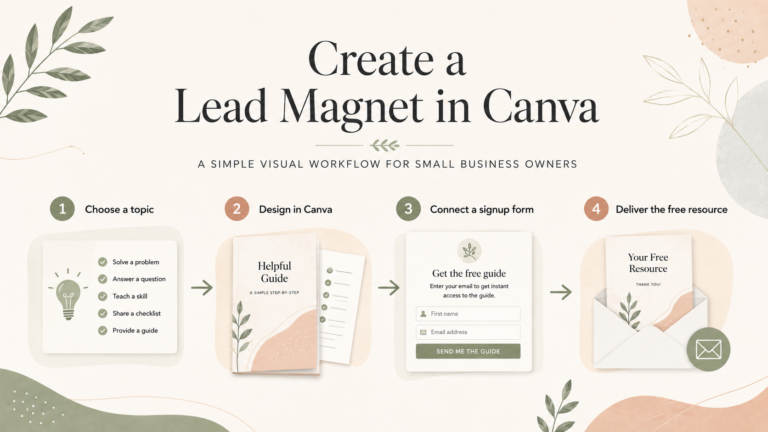 Graphic showing a simple four-step workflow for creating a lead magnet in Canva