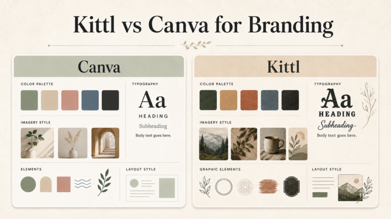 Comparison graphic for Kittl vs Canva branding workflows.