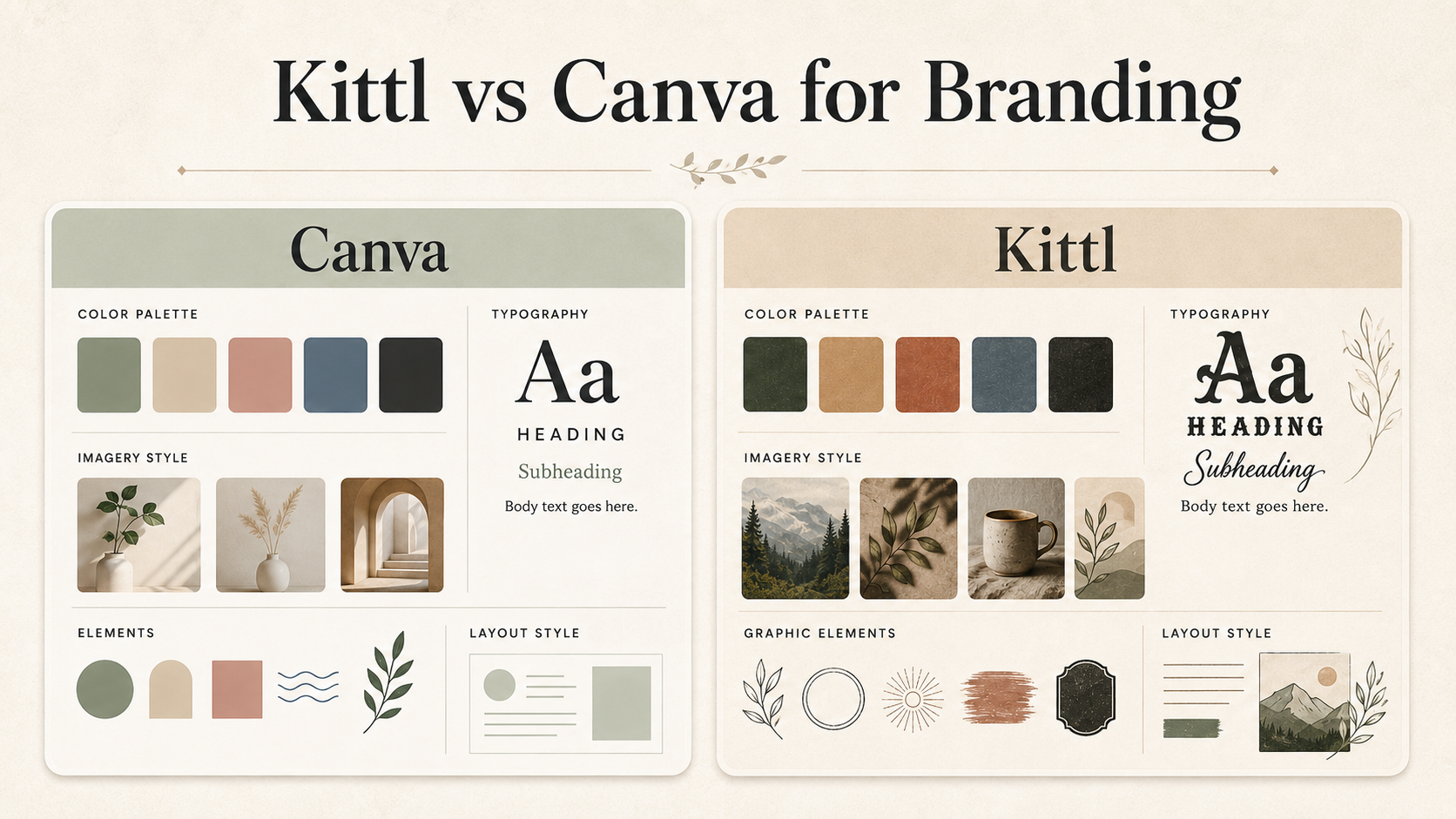 Comparison graphic for Kittl vs Canva branding workflows.