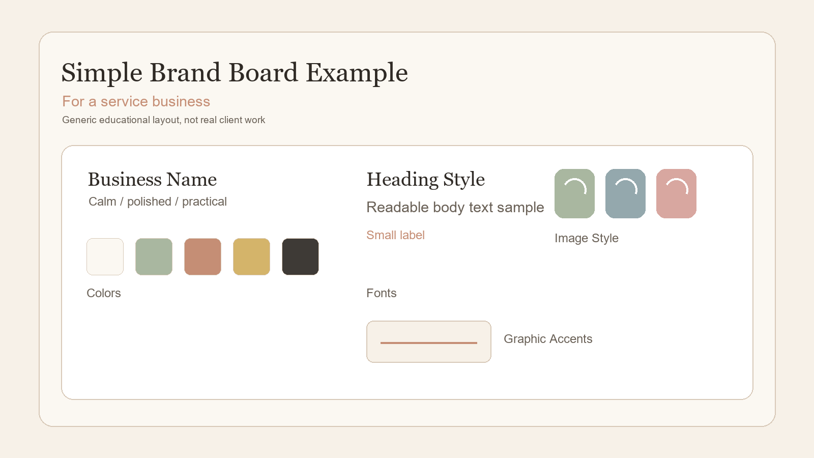 Generic educational example of a simple brand board layout for a service business.