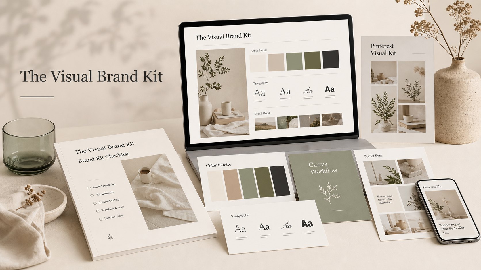 The Visual Brand Kit checklist and brand board mockup