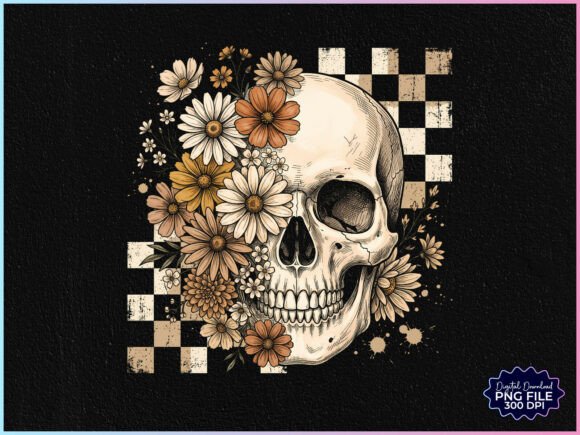Retro Floral Skull Halloween PNG preview