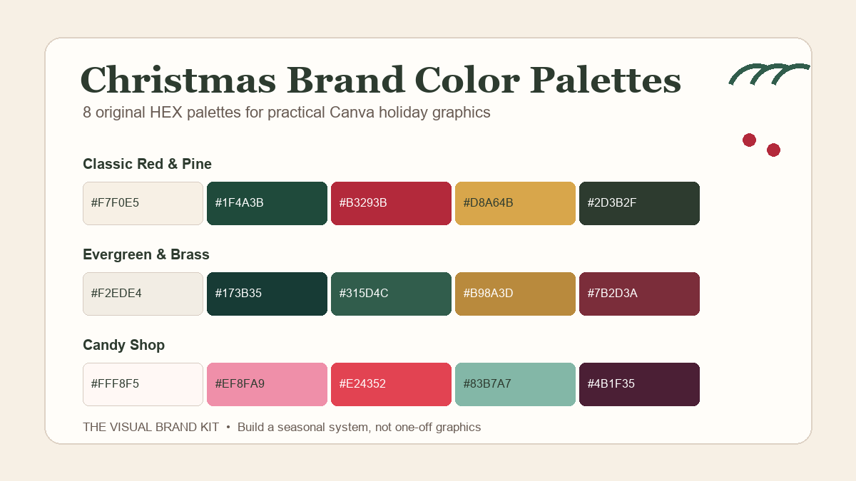Christmas brand color palettes with HEX codes for Canva
