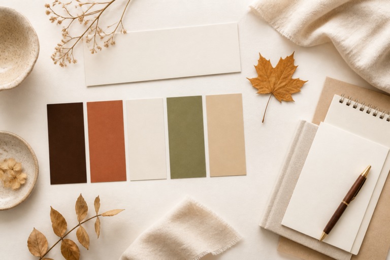 Fall colour palette mood board with autumn swatches and stationery for Etsy shop branding
